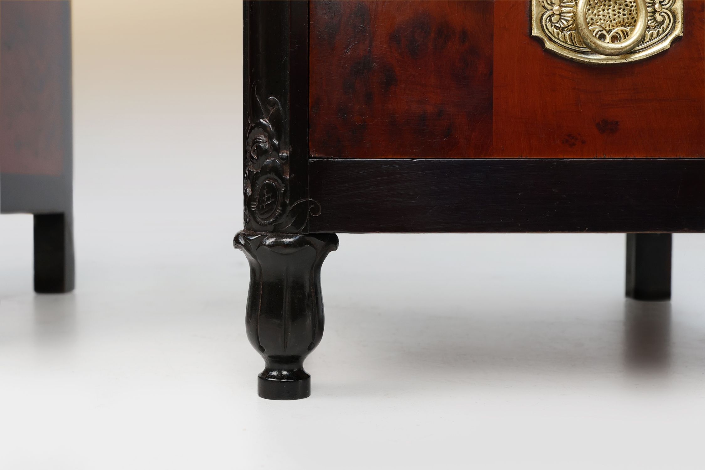 Pair of Art Deco nightstands in burl veneer, oak and copper, France ca. 1910thumbnail